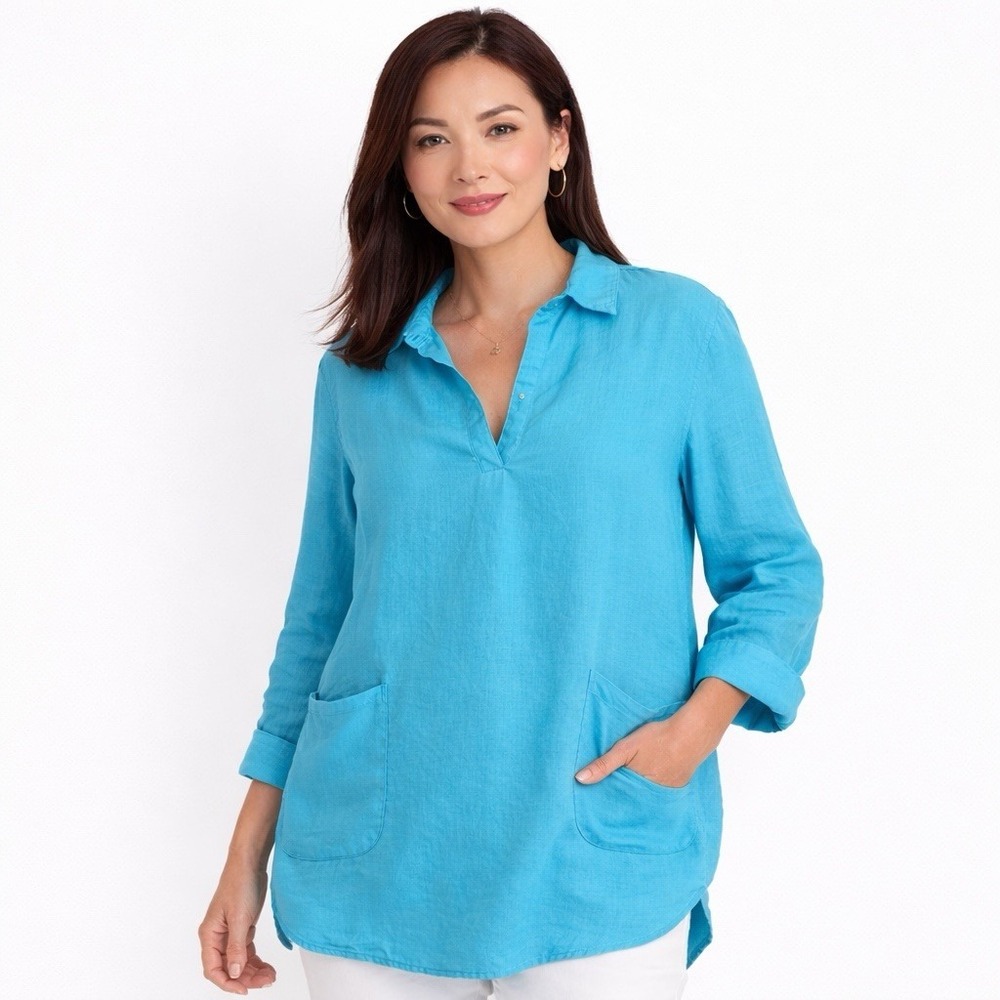 For Cynthia‎ Woman's 1X 100% Linen Collared V-Neck Popover Tunic Lagenlook Artsy